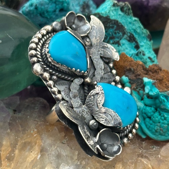 Sleeping beauty turquoise dragonfly statement sterling silver ring - Picture 5 of 15